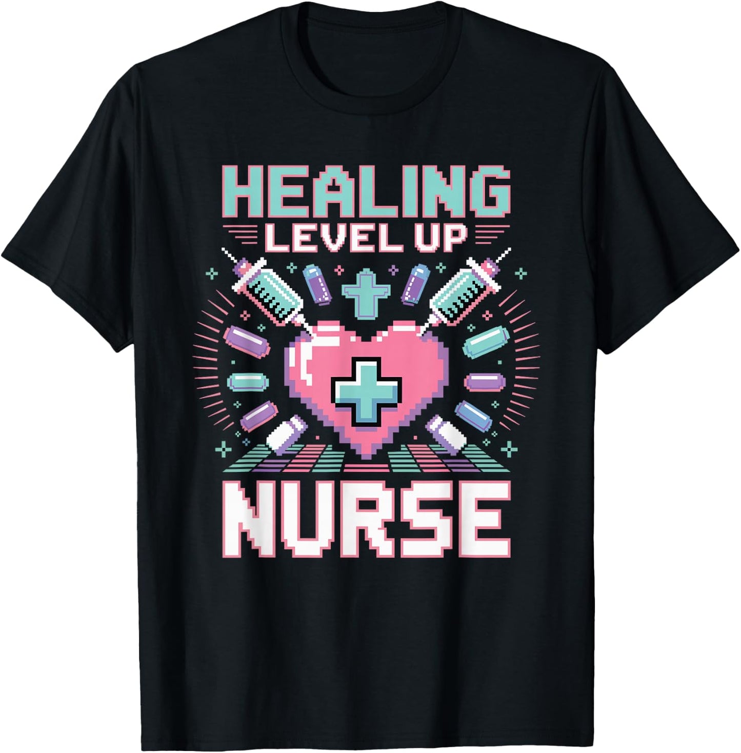 Gaming Nurse Level Up Healing RN Pixel Art Funny Nursing T-Shirt - T-Shirt | Black