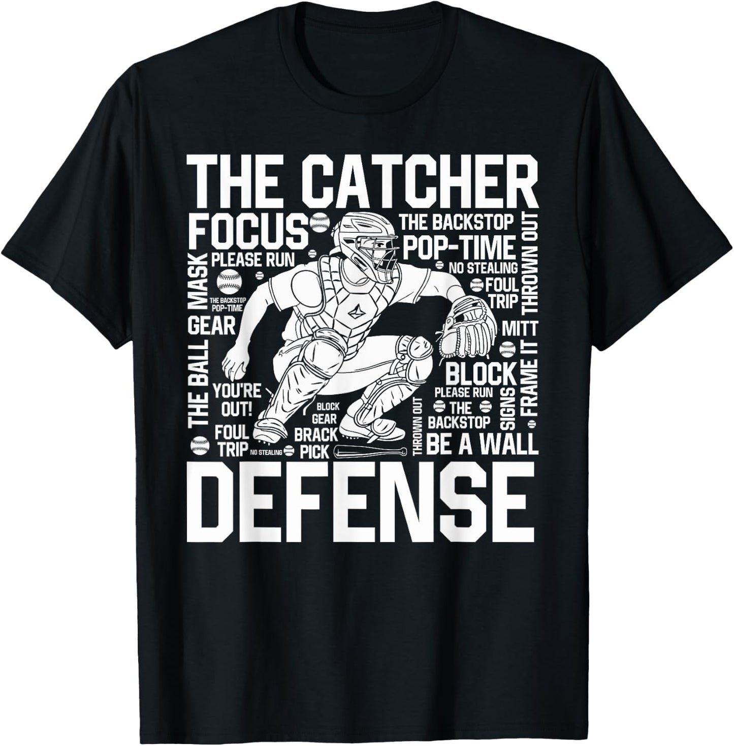 Baseball Softball Catcher Position Word Art Player Game Day T-Shirt - T-Shirt | Black