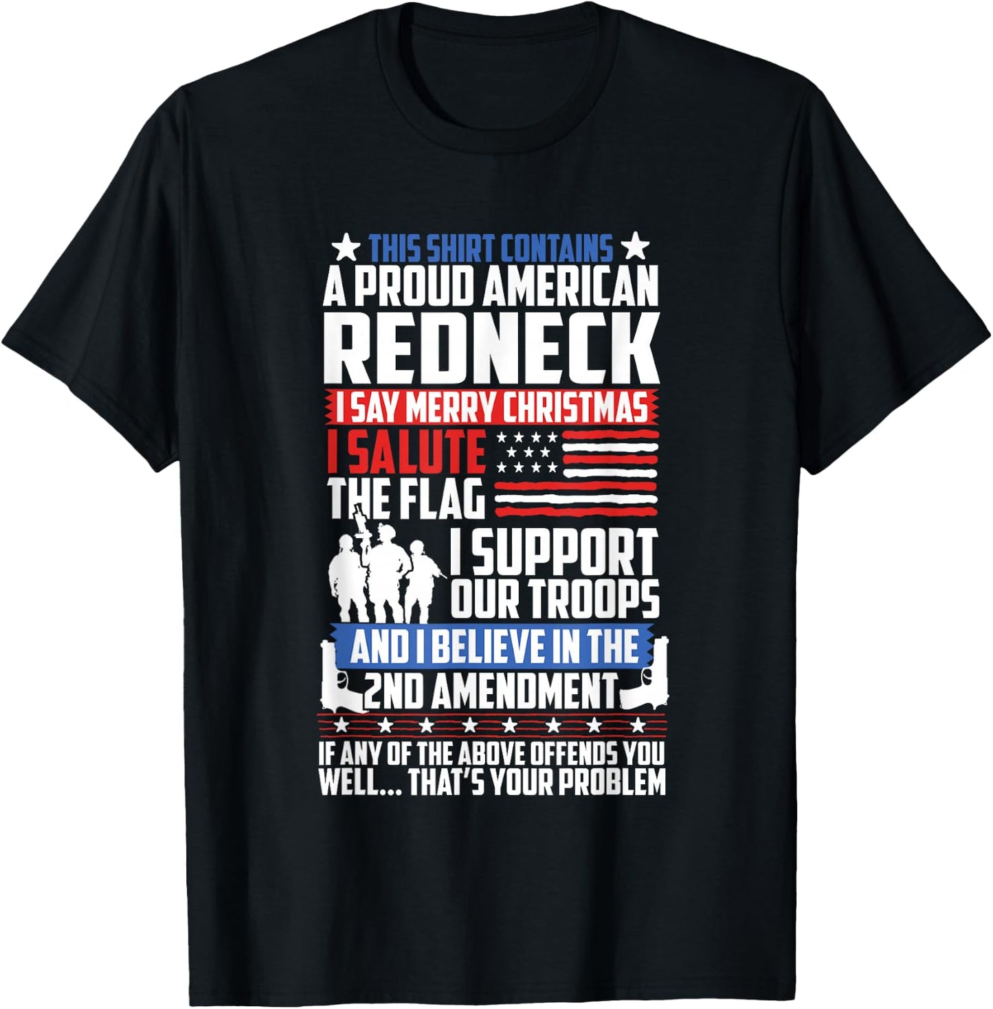 A Proud American Redneck Support Guns Troops Flag T Shirt T-Shirt - T-Shirt | Black