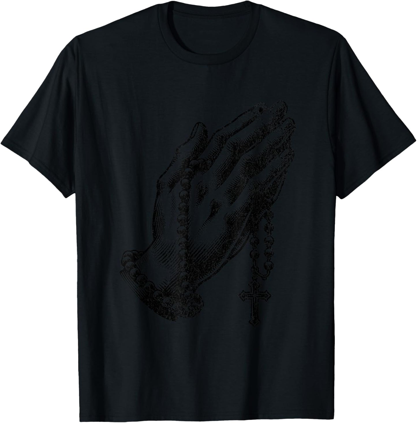 Catholic Rosary Beads Praying Hands Christian Religion , Small, Grey T-Shirt - T-Shirt | Black