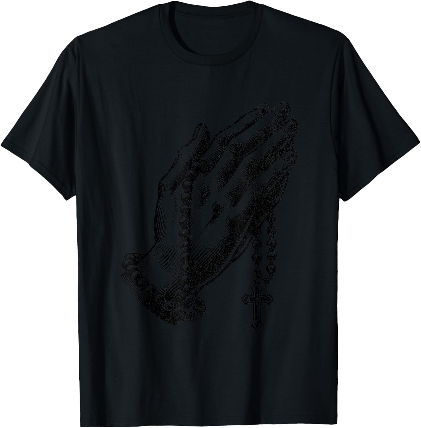Catholic Rosary Beads Praying Hands Christian Religion , Small, Grey T-Shirt - T-Shirt | Black