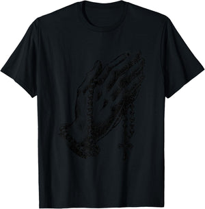 Catholic Rosary Beads Praying Hands Christian Religion , Small, Grey T-Shirt - T-Shirt | Black