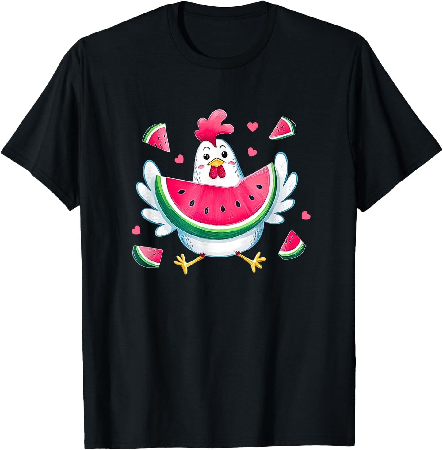 Cute Chicken Eating Watermelon Fruit Summer Funny Chicken T-Shirt - T-Shirt | Black