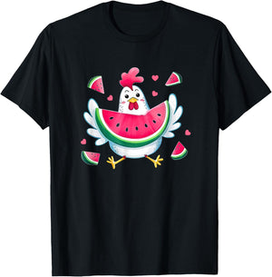 Cute Chicken Eating Watermelon Fruit Summer Funny Chicken T-Shirt - T-Shirt | Black