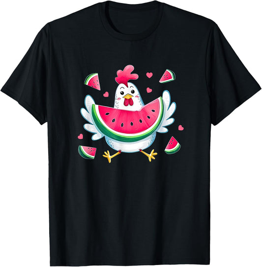 Cute Chicken Eating Watermelon Fruit Summer Funny Chicken T-Shirt - T-Shirt | Black