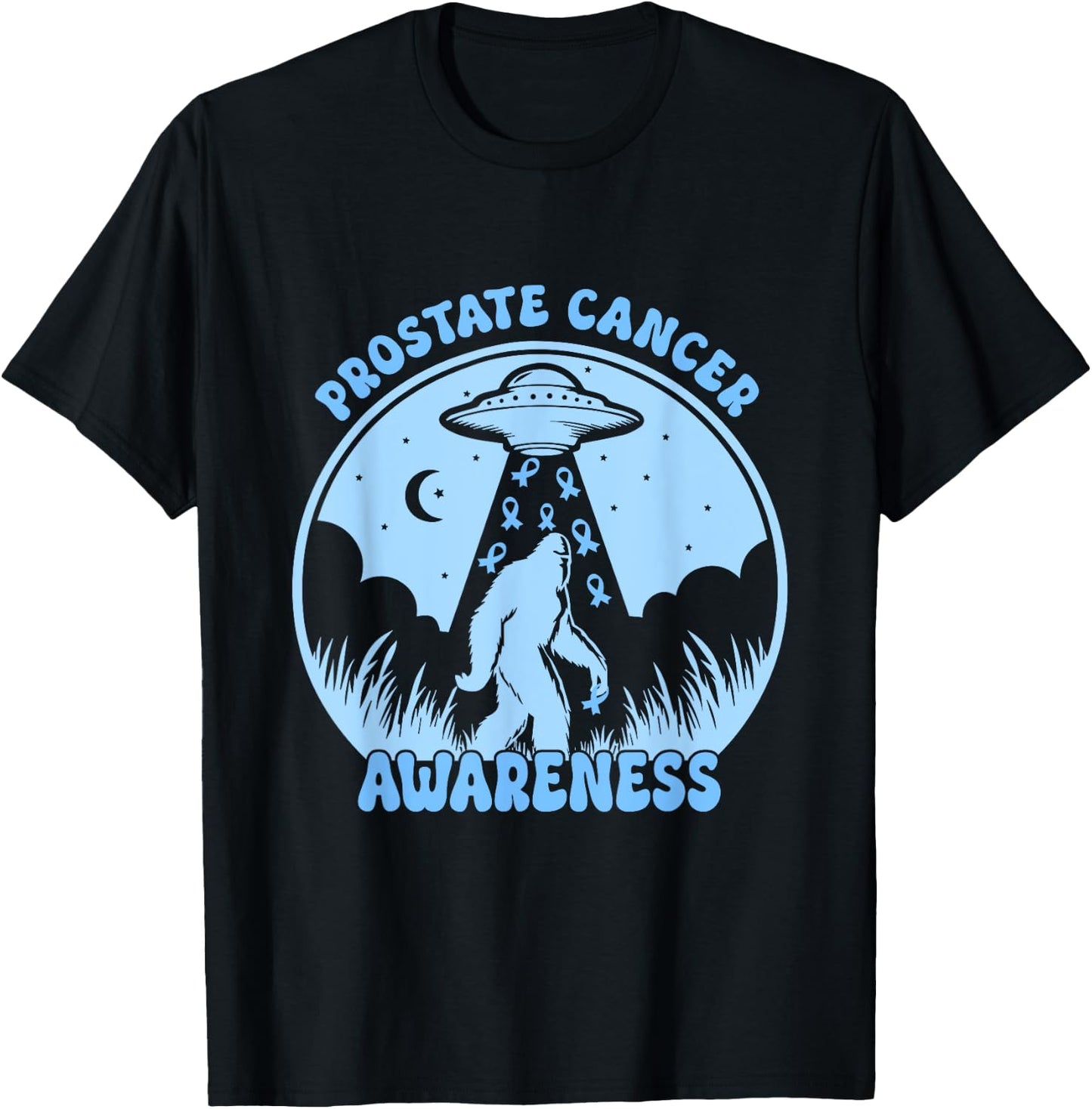 Prostate Cancer Awareness Funny Bigfoot UFO Blue Ribbon T-Shirt - T-Shirt | Black