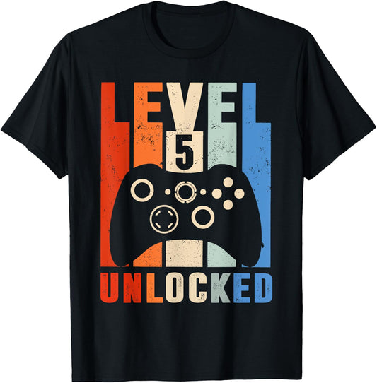 Level 5 Unlocked Shirt Funny Video Gamer 5th Birthday Gift T-Shirt - T-Shirt | Black