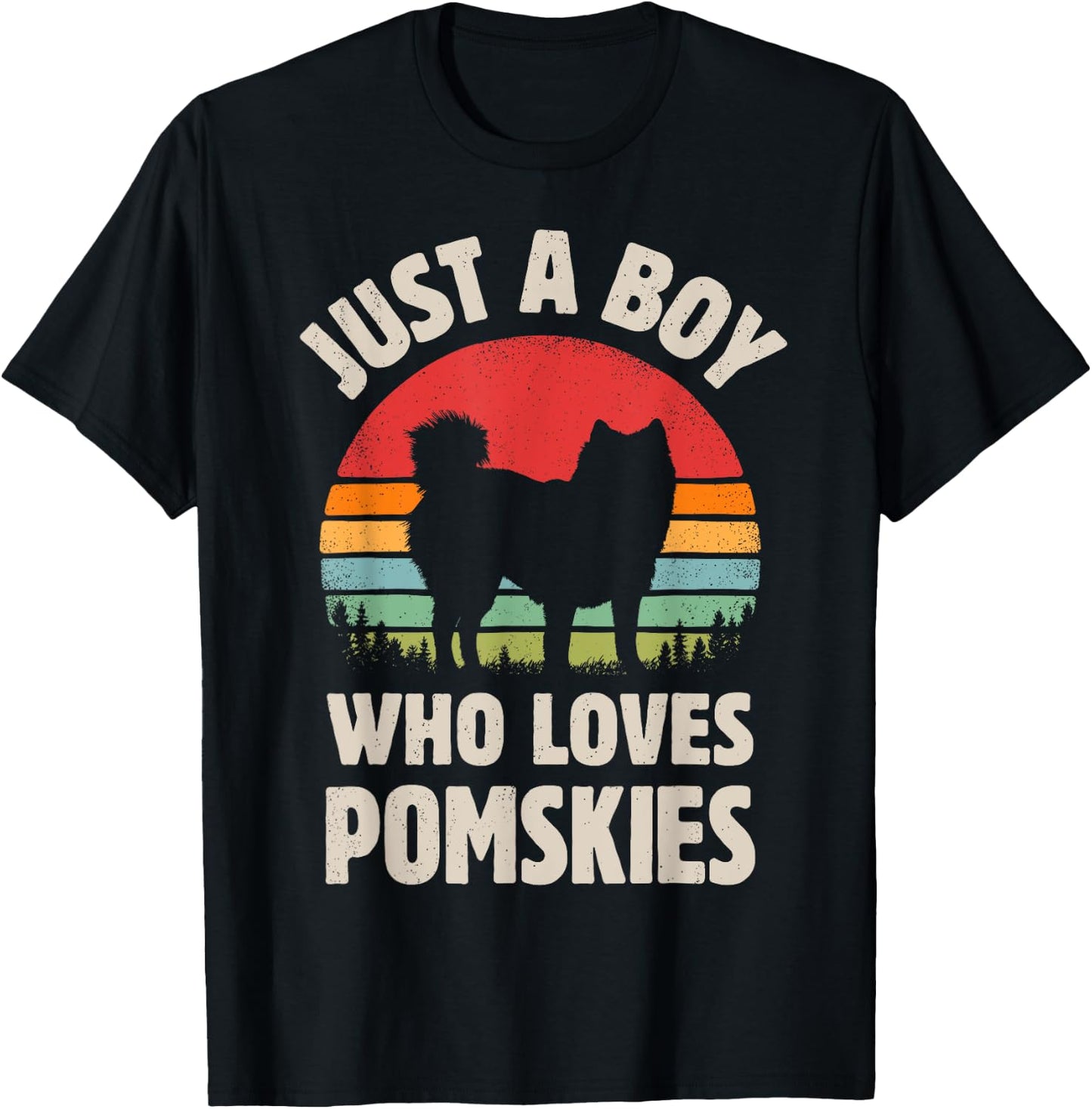 Pomsky Just A Boy Who Loves Pomskies Retro Vintage Sunset T-Shirt - T-Shirt | Black