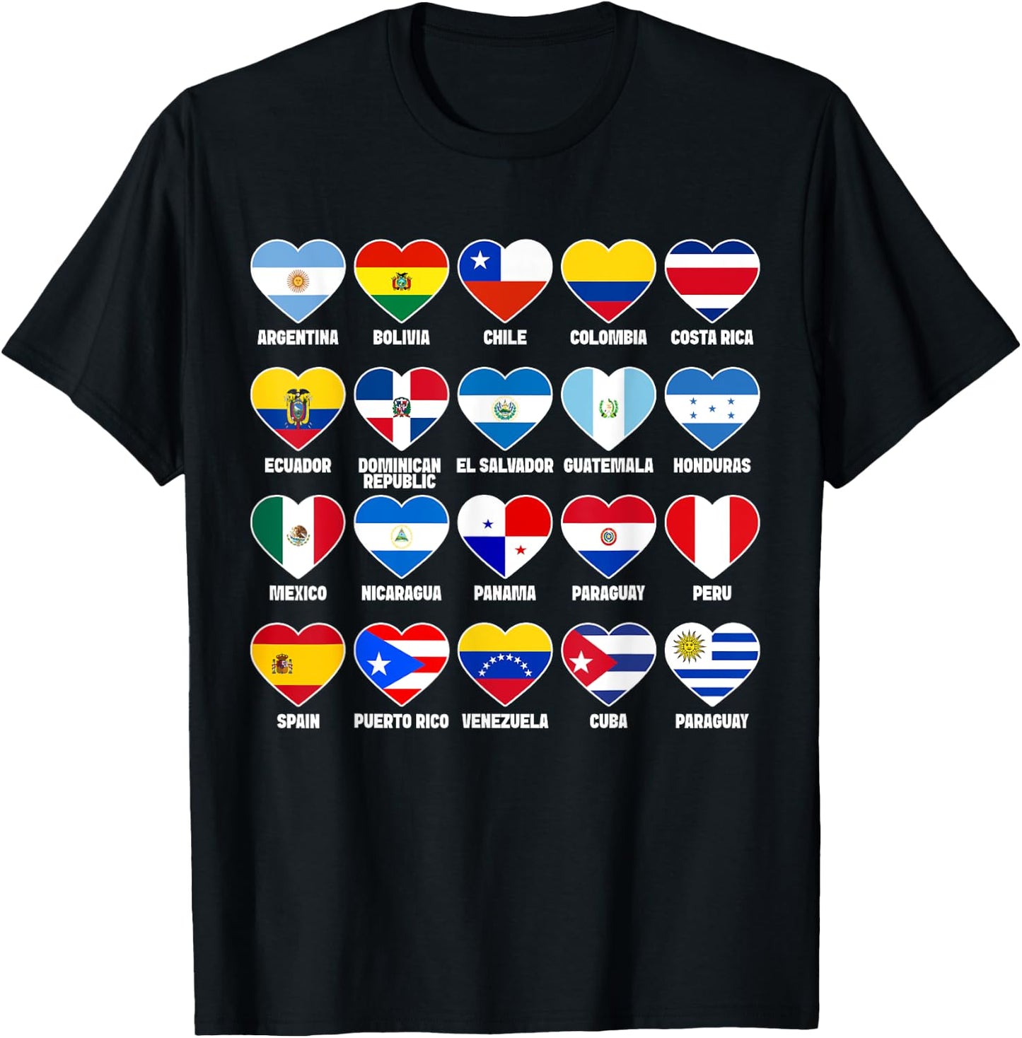 Hispanic Countries Flags Hearts Hispanic Heritage Month T-Shirt - T-Shirt | Black