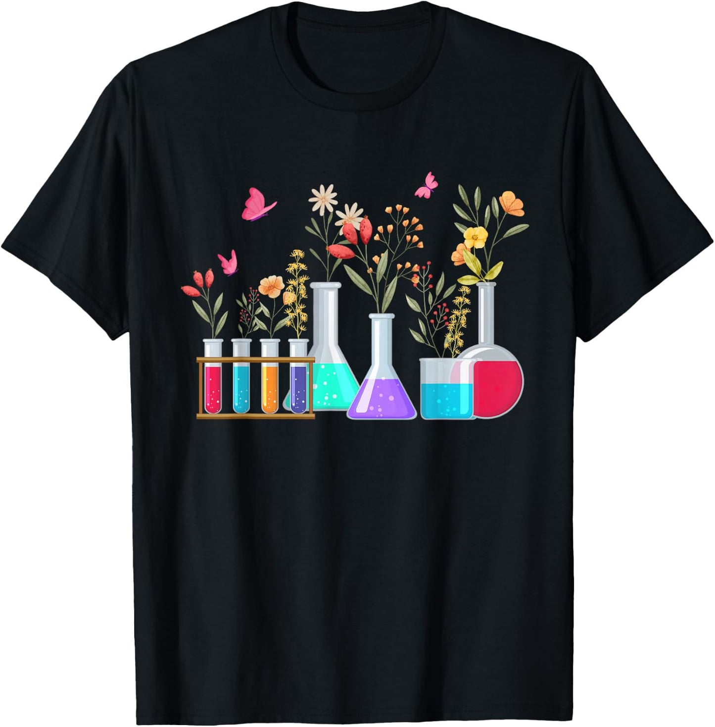 Floral Beakers Laboratory Butterfly Chemistry Science T-Shirt - T-Shirt | Black