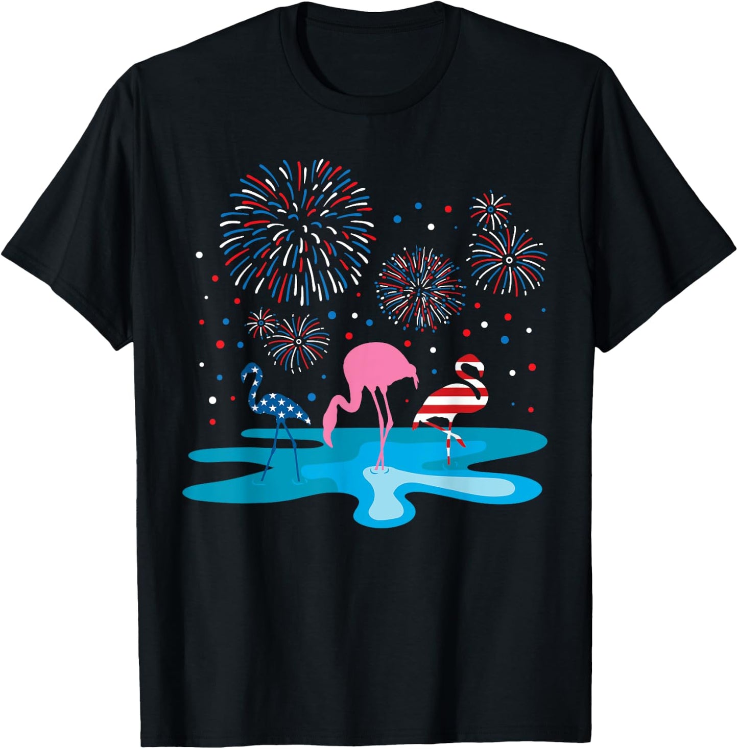 Flamingo 4th of July Fireworks Patriotic American USA Flag T-Shirt - T-Shirt | Black