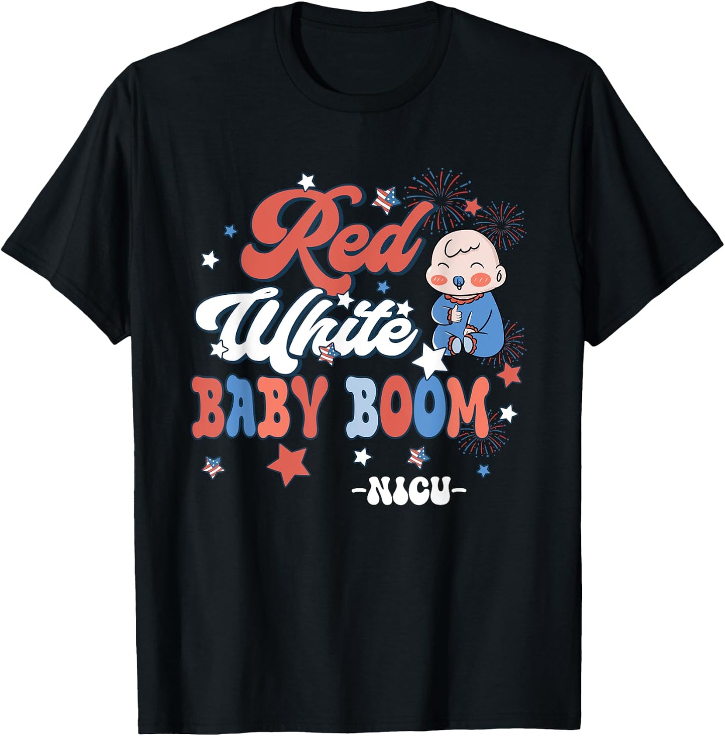 Retro Groovy Red White & Baby Boom NICU Nurse 4th Of July T-Shirt - T-Shirt | Black