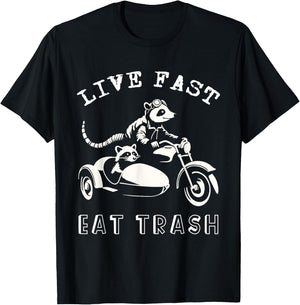 Racoon Possum Riding Motorcycle Live Fast Eat Trash Funny T-Shirt - T-Shirt | Black