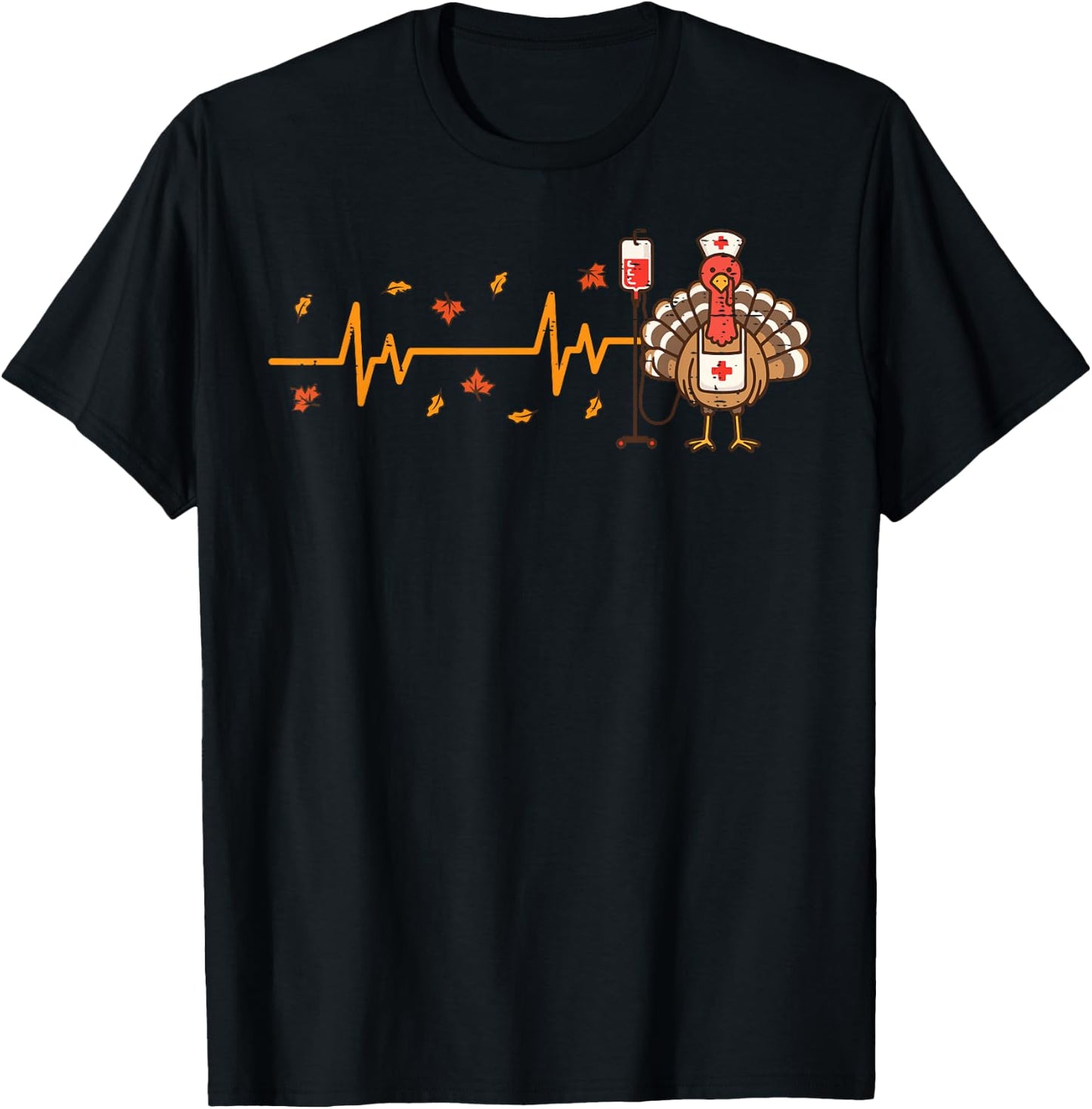 Thanksgiving Nurse Heartbeat Turkey Fall Scrub Top Women Men T-Shirt - T-Shirt | Black