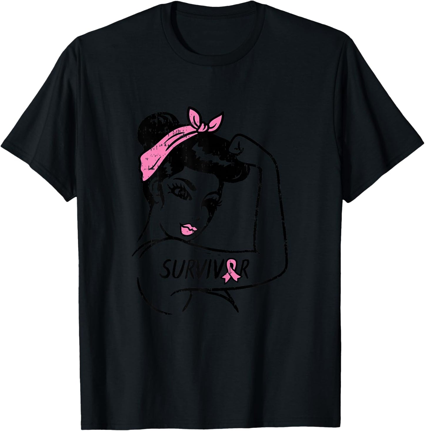 Rosie Riveter Breast Cancer Survivor Ribbon Awareness Women T-Shirt - T-Shirt | Black