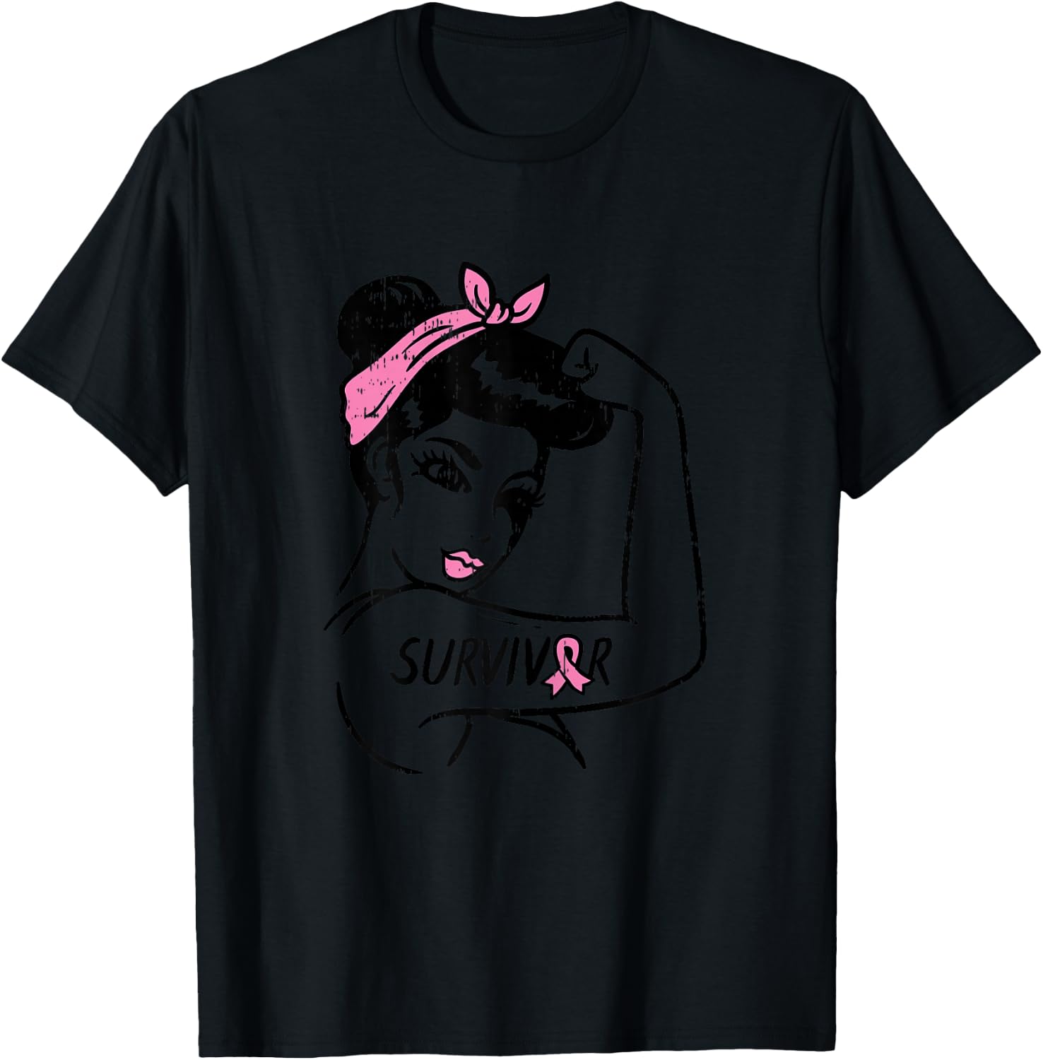 Rosie Riveter Breast Cancer Survivor Ribbon Awareness Women T-Shirt - T-Shirt | Black