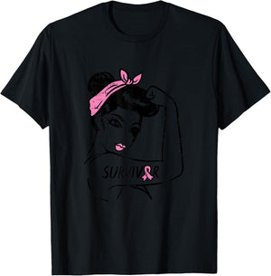 Rosie Riveter Breast Cancer Survivor Ribbon Awareness Women T-Shirt - T-Shirt | Black