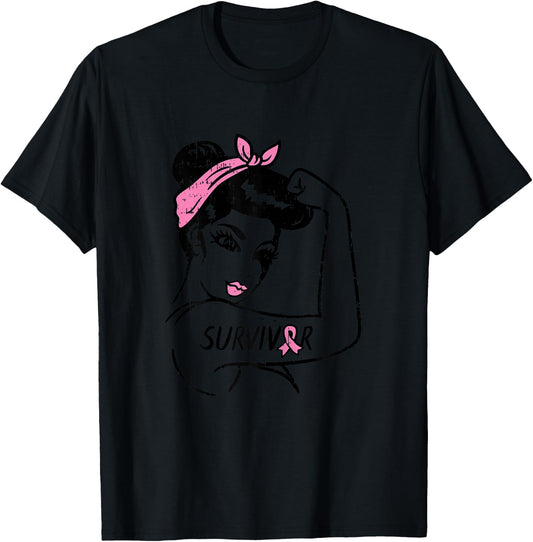 Rosie Riveter Breast Cancer Survivor Ribbon Awareness Women T-Shirt - T-Shirt | Black