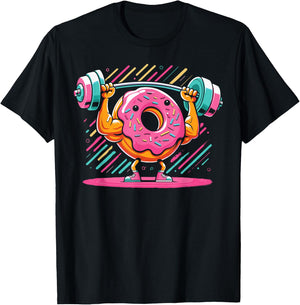 Funny Doughnut Weightlifting | Cartoon Donut Gym Workout T-Shirt - T-Shirt | Black
