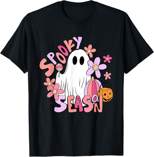 Retro Cute Ghost Spooky Season Funny Halloween T-Shirt - T-Shirt | Black