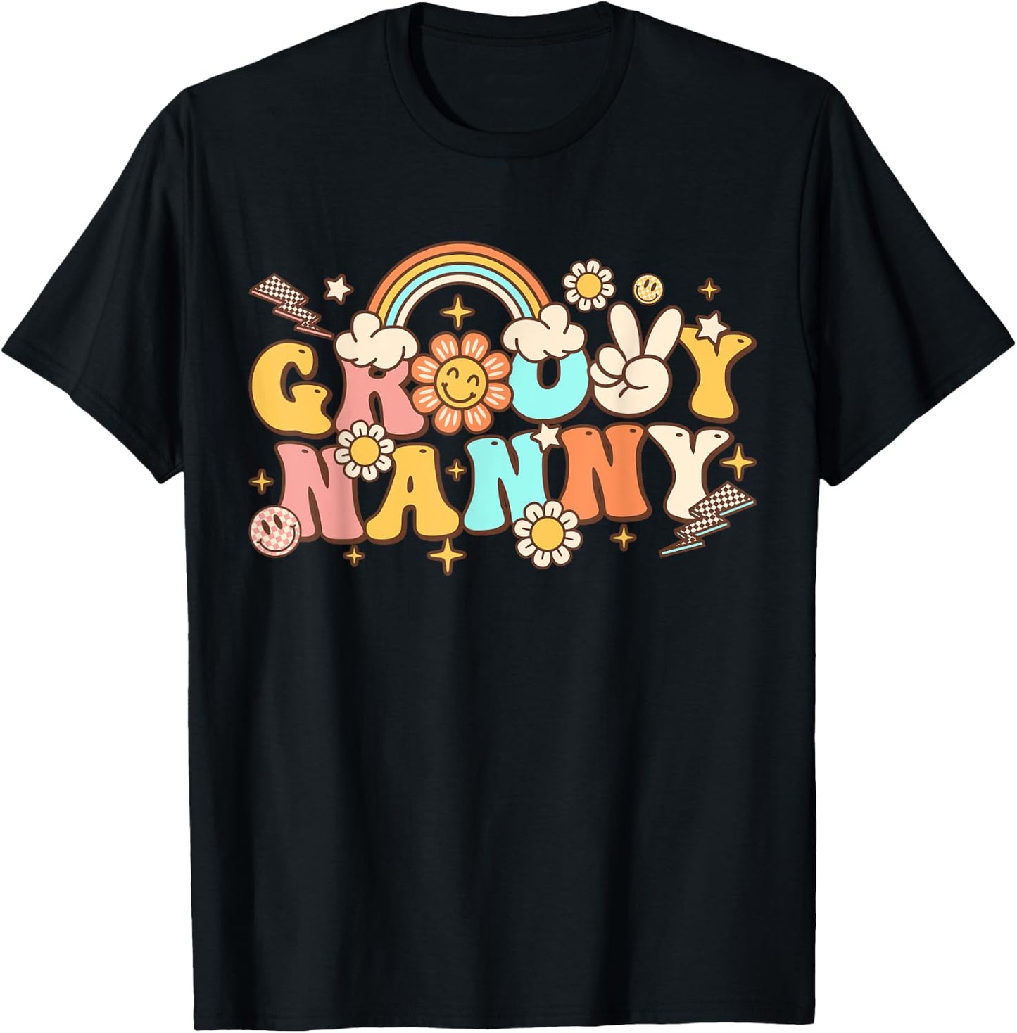 Retro Groovy Nanny Cute Hippie 70s Themed Birthday Party T-Shirt - T-Shirt | Black