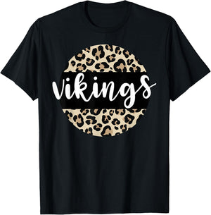 Leopard Print Vikings Team Mascot School Spirit Game Night T-Shirt - T-Shirt | Black