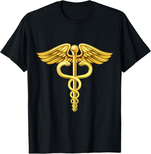 Gold caduceus medical symbol design T-Shirt - T-Shirt | Black
