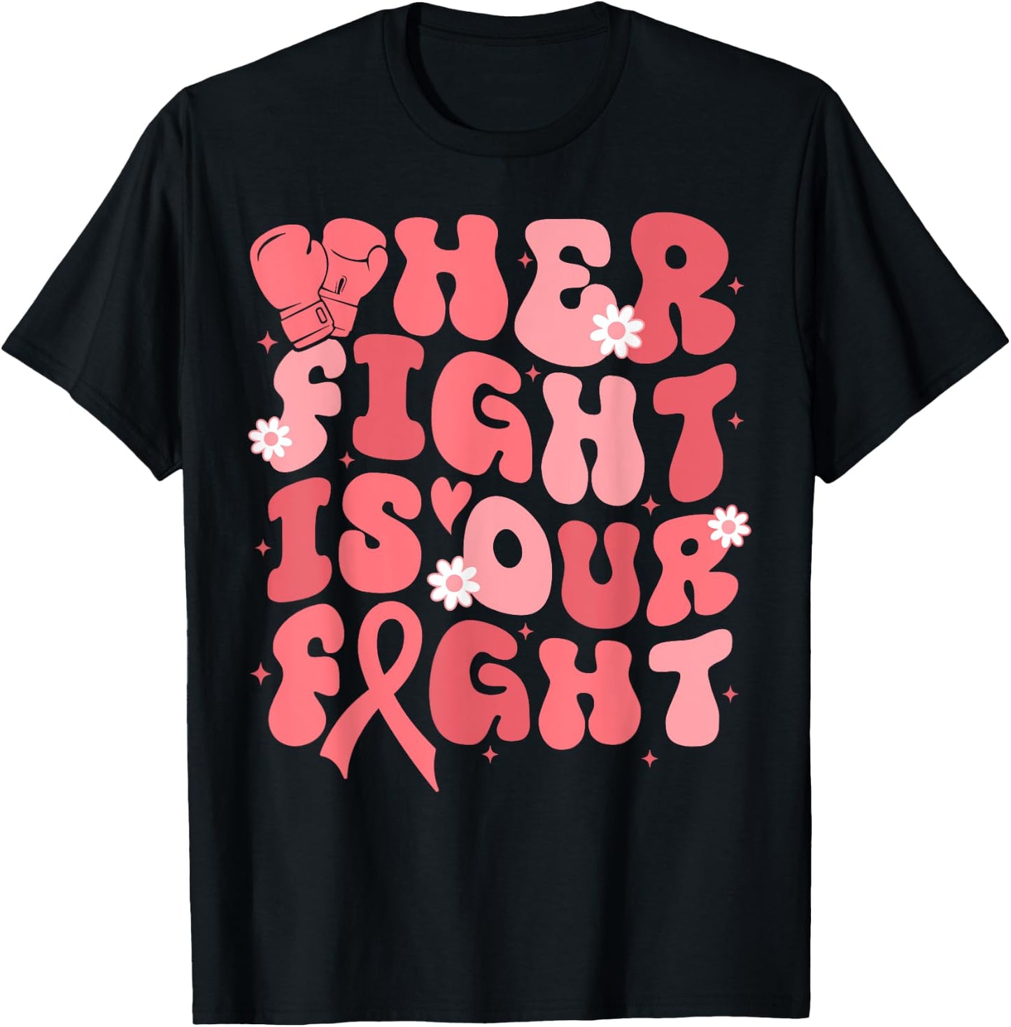 Uterine Cancer Her Fight Is Our Fight Peach Flower Ribbon T-Shirt - T-Shirt | Black