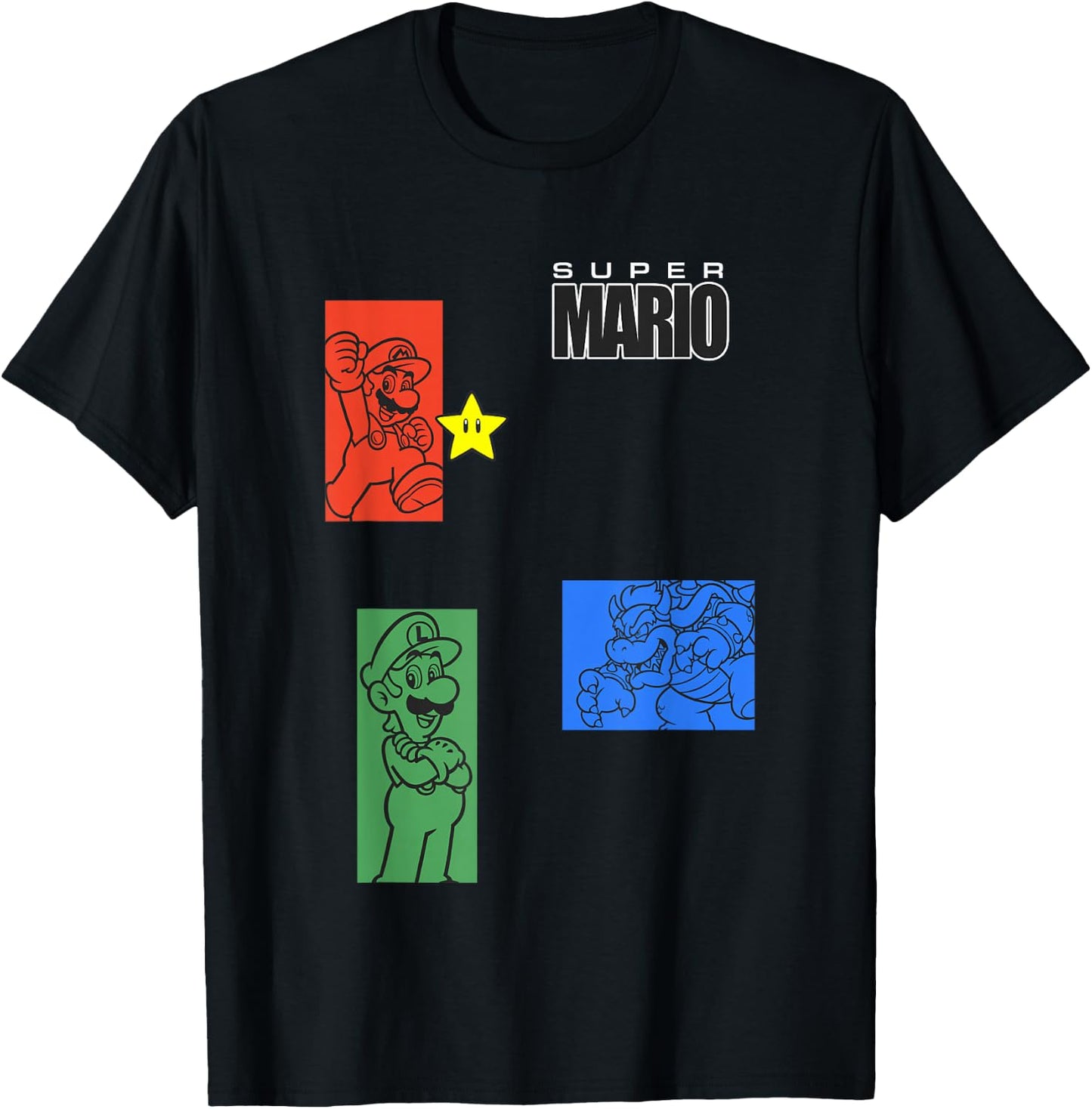 Super Mario Luigi & Bowser Color Trio Panels T-Shirt - T-Shirt | Black