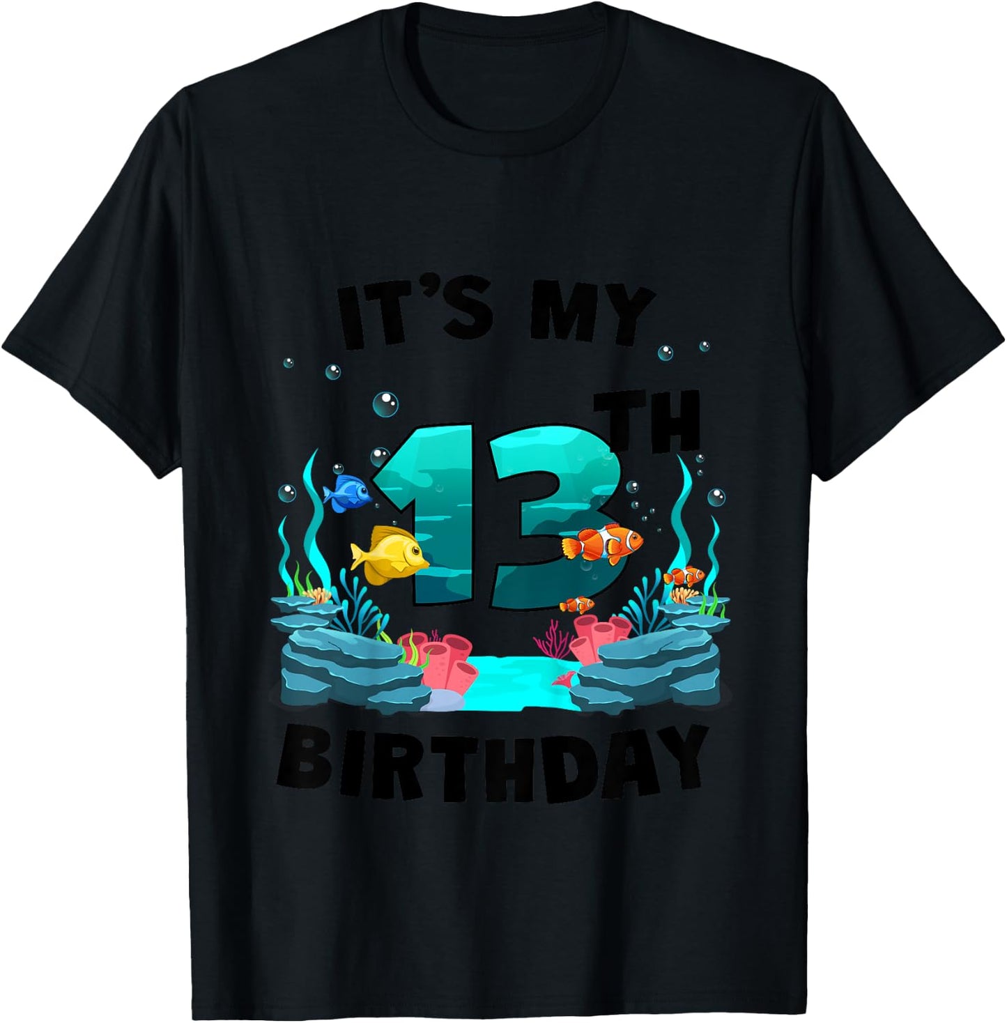 Kids 13th Birthday Ocean Sea Animals Theme 13 Year Old Bday T-Shirt - T-Shirt | Black