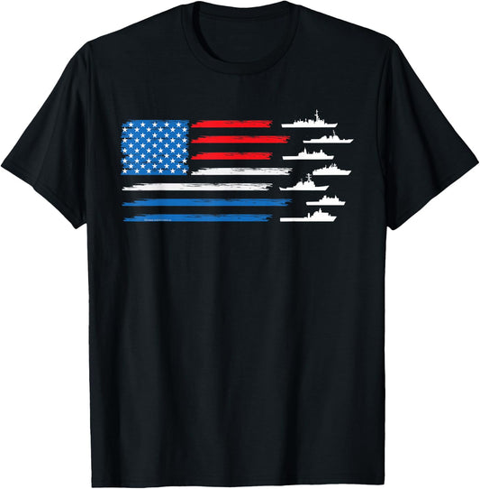 Patriotic Red White Blue USA Flag Military Ships 4th of July T-Shirt - T-Shirt | Black