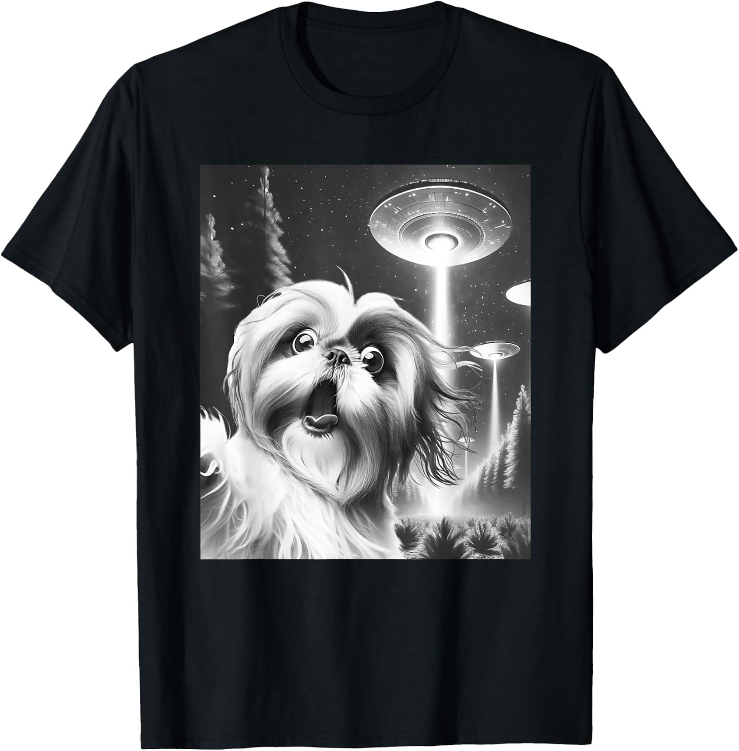 Funny Shih Tzu Alien UFO Taking a Selfie Dog Mom Dad Men Women Girls Kids T-Shirt - T-Shirt | Black