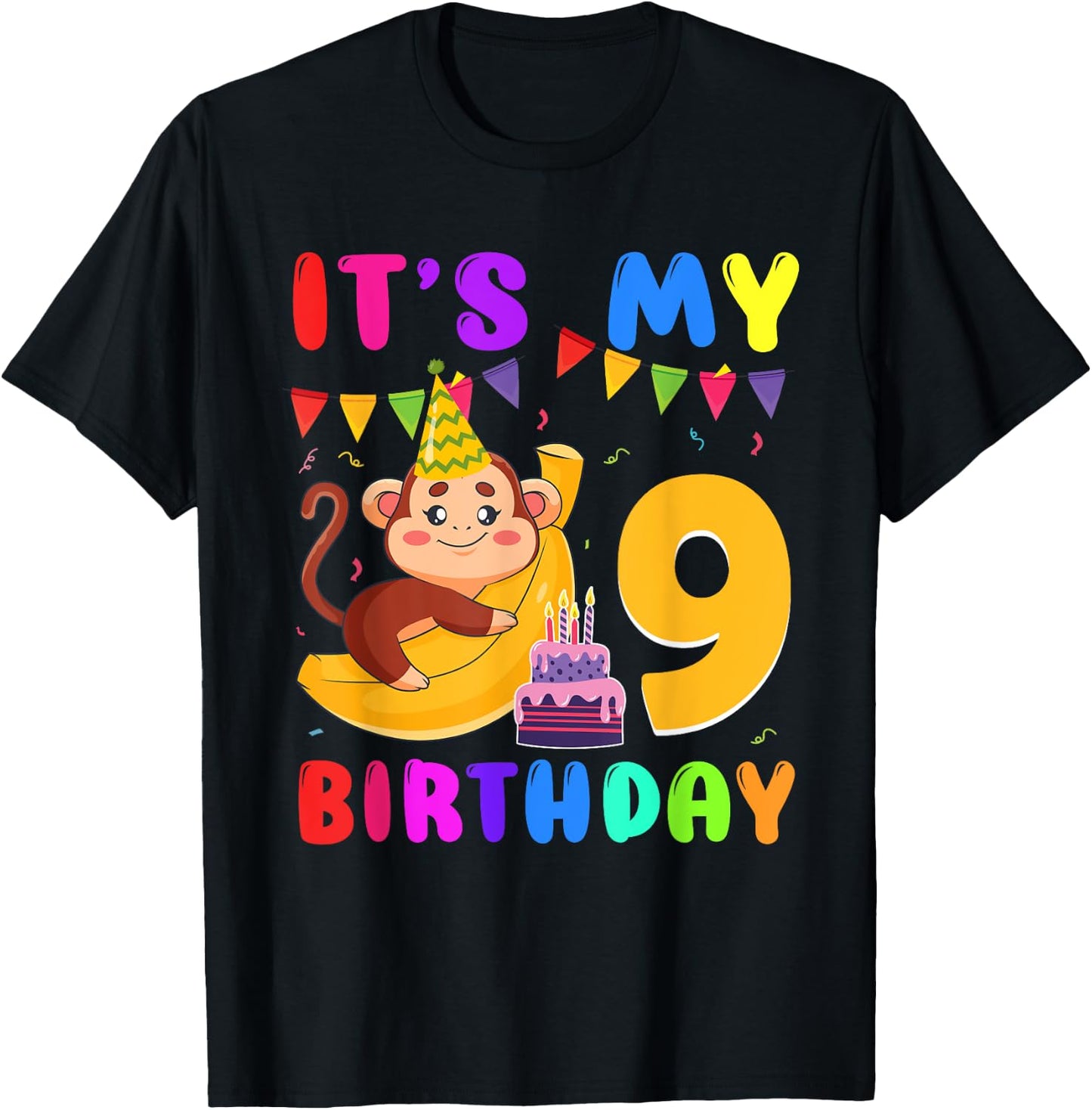 It's My 9th Birthday Monkey 9 Year Old Party Boys Girls Kids T-Shirt - T-Shirt | Black