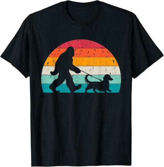 Bigfoot Walking a Dog Funny Dachshund Weiner Dog Dad Weenie Women Kids T-Shirt - T-Shirt | Black