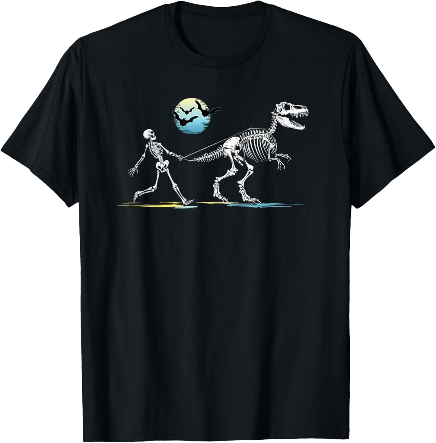 Skeleton Walking a T-Rex Dinosaur Boys Girls Funny Halloween T-Shirt - T-Shirt | Black