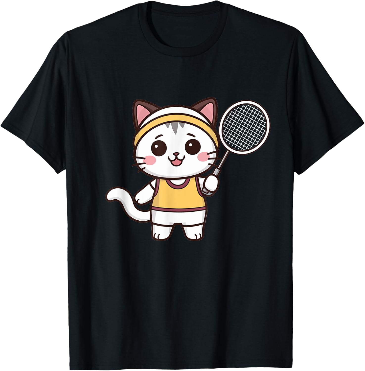 Badminton Funny Cat Women Girls Badminton Player Kawaii T-Shirt - T-Shirt | Black