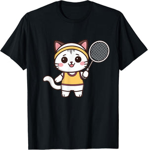Badminton Funny Cat Women Girls Badminton Player Kawaii T-Shirt - T-Shirt | Black