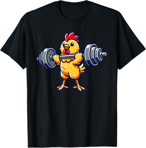 Chicken Powerlifting Gym Workout - Black, -Adults/Kids, Short Sleeve, Cotton 65% Polyester 35%, Humorous Chicken Design T-Shirt - T-Shirt | Black
