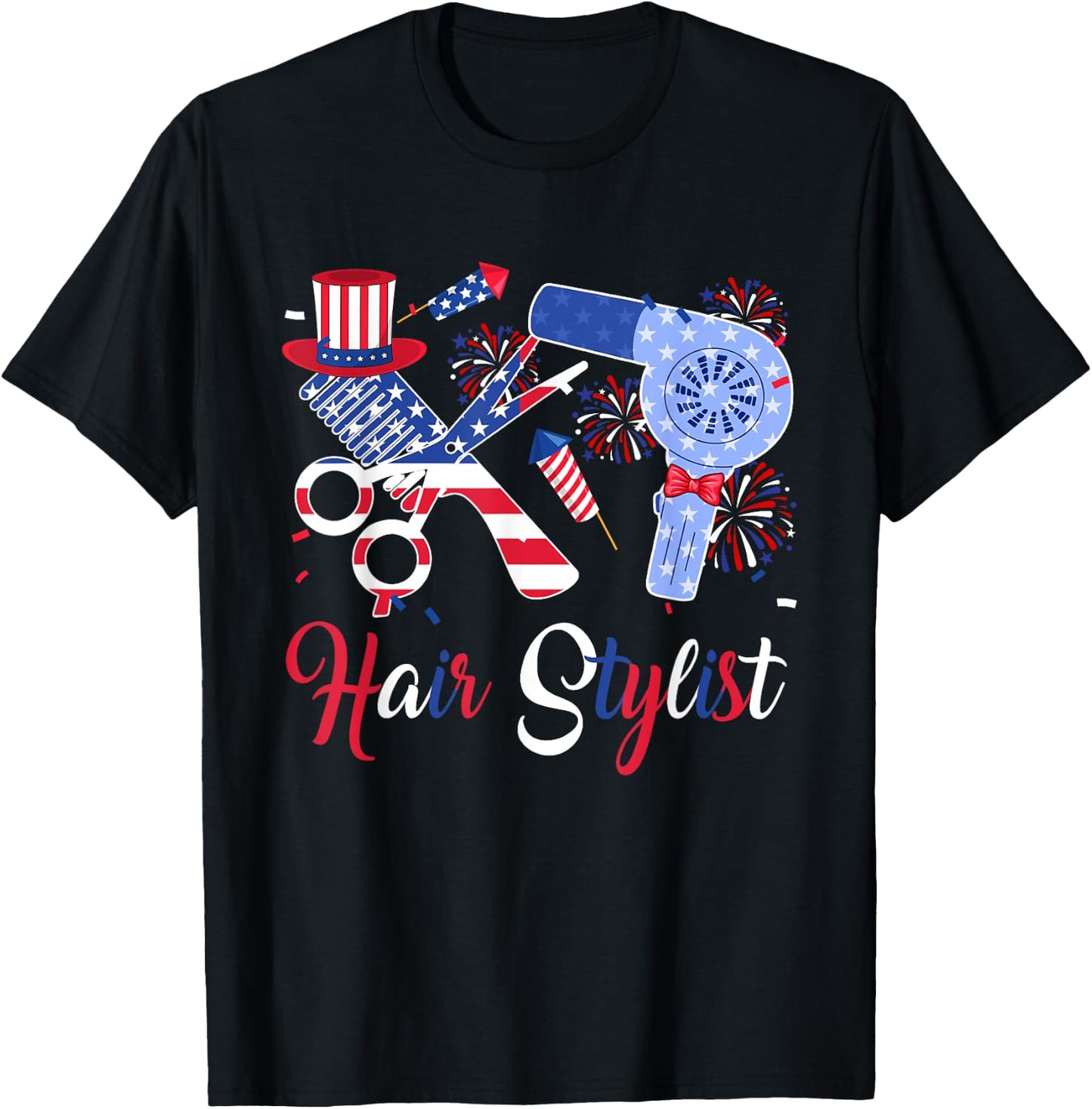 Hair Stylist Costume Tools As American Flag 4th July Women Men T-Shirt - T-Shirt | Black