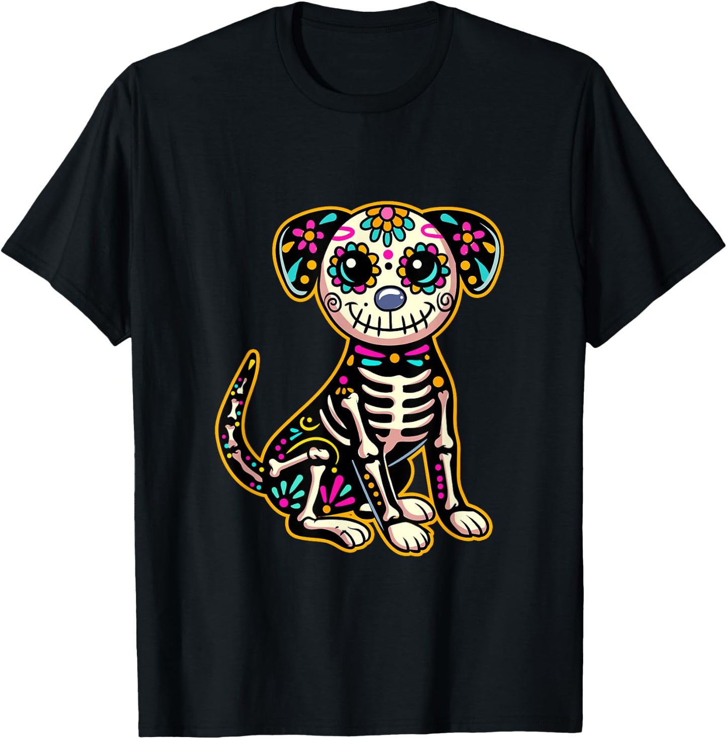 Dia de Los Muertos Skeleton Sugar Skull Dog Day of The Dead T-Shirt - T-Shirt | Black