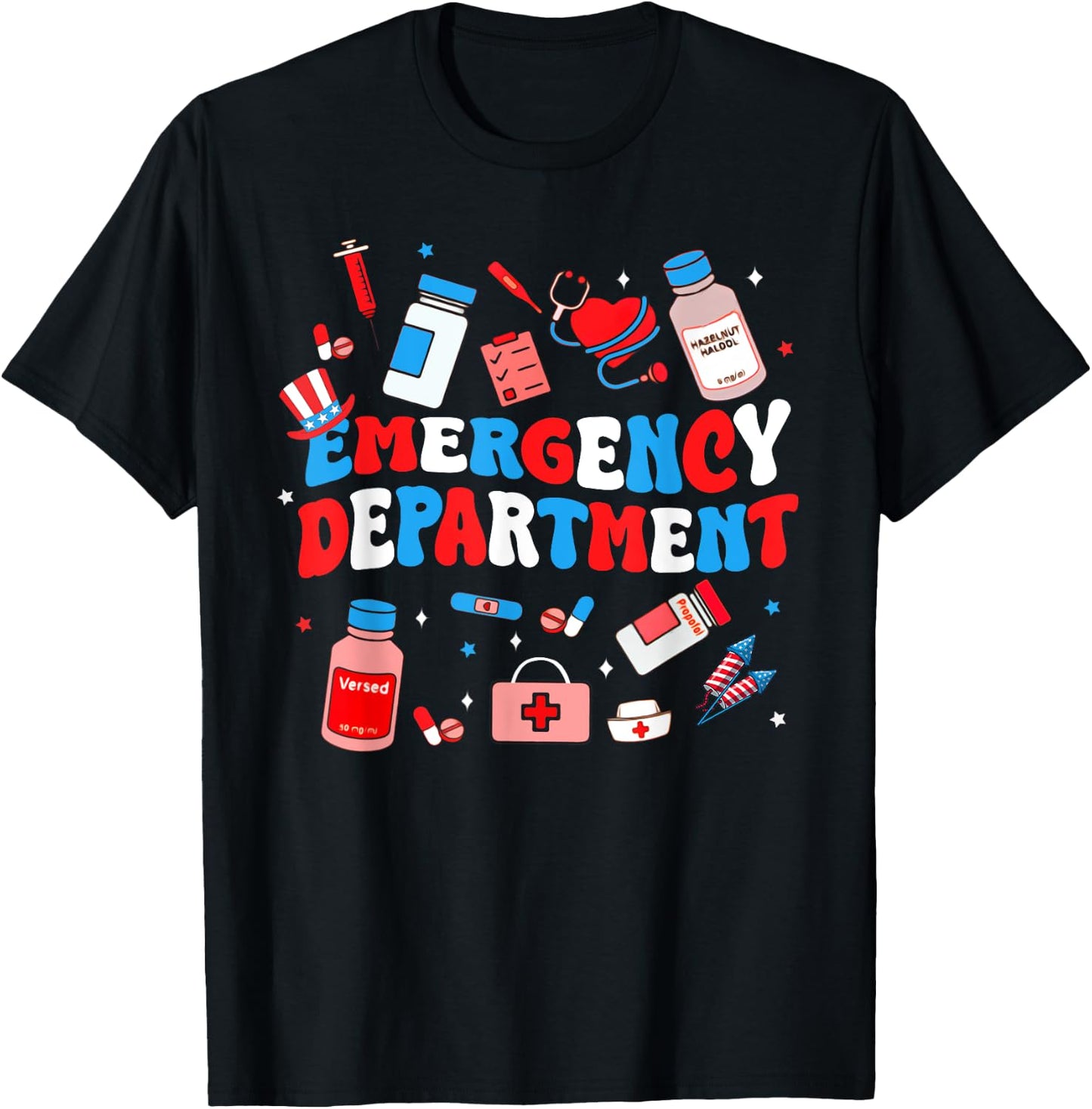 Emergency Department ER Nurse USA Flag Patriotic 4th Of July T-Shirt - T-Shirt | Black