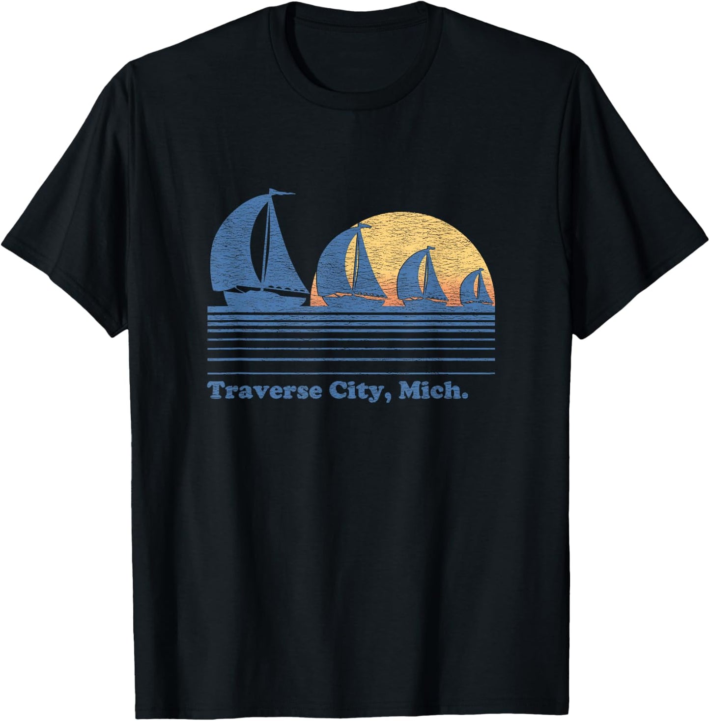 Traverse City MI Sailboat Vintage 80s Sunset T-Shirt - T-Shirt | Black
