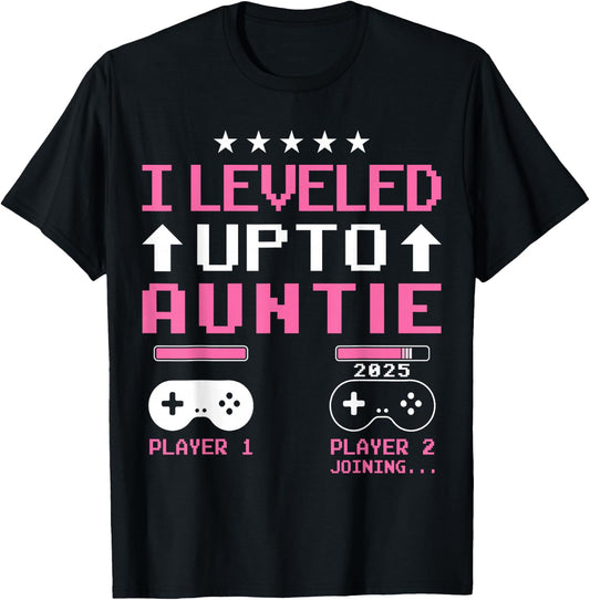 Cute I Leveled Up to Aunt 2025 Promoted to Auntie 2025 Gamer T-Shirt - T-Shirt | Black