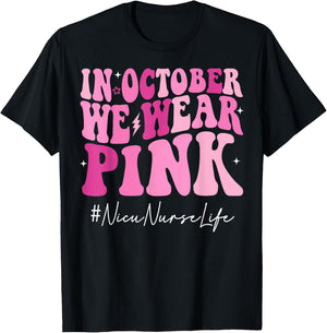 Nicu Nurse We Wear Pink Groovy Breast Cancer Awareness T-Shirt - T-Shirt | Black