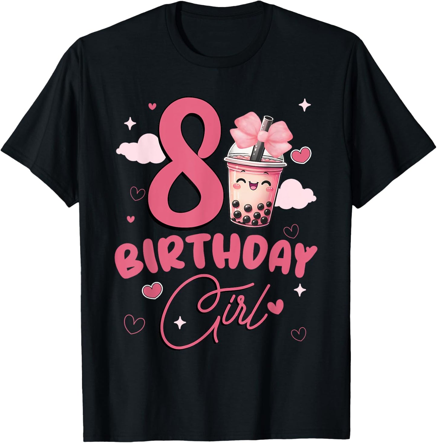 Happy 8th Birthday Girl Cute Pink Bow Bubble Boba Tea Anime T-Shirt - T-Shirt | Black