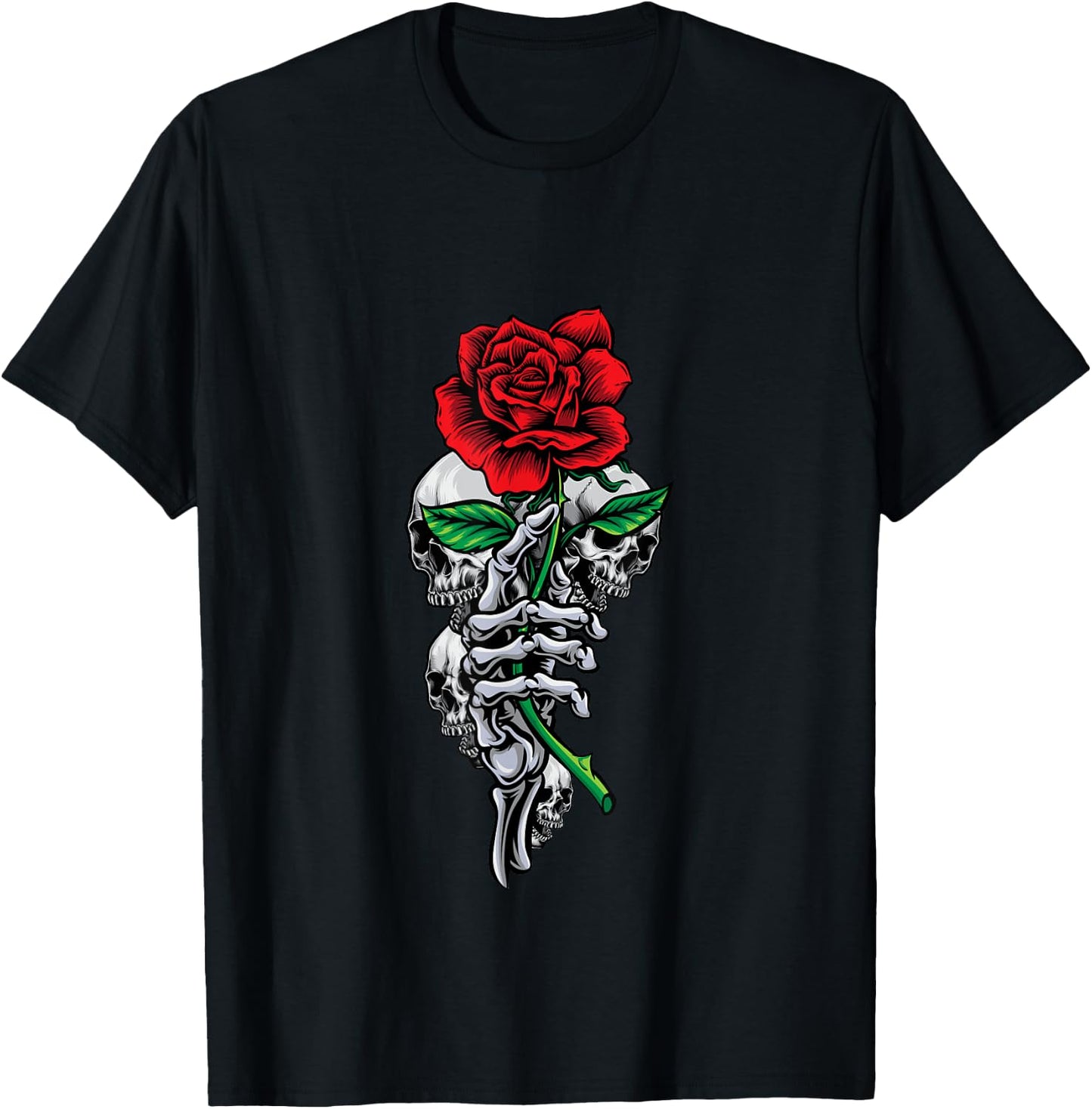 Skeleton Hand Red And Beautiful Rose Flower And Skulls Art T-Shirt - T-Shirt | Black