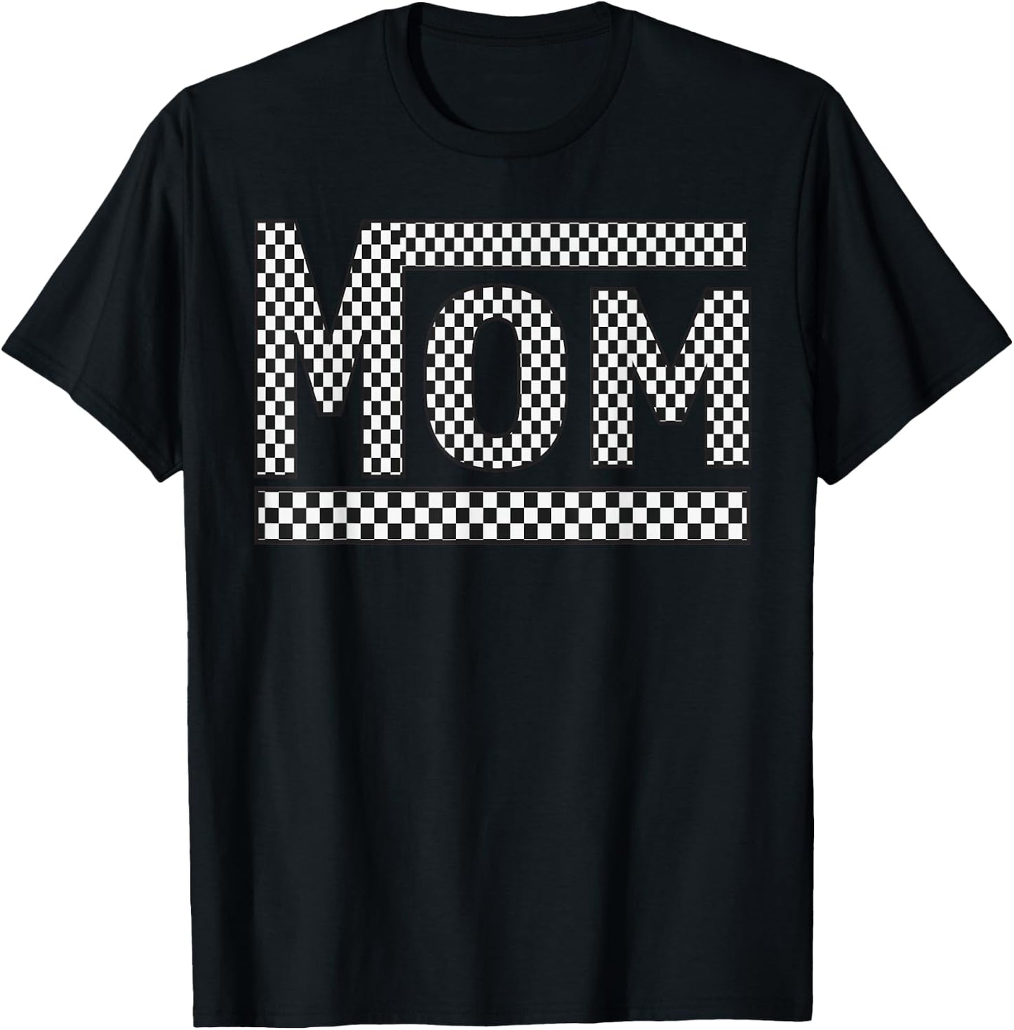 MOM Checkered Mother Mama Women Racing Pit Crew Funny T-Shirt - T-Shirt | Black