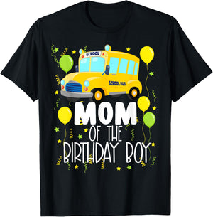 Mom Of The Birthday Boy School Bus Kids Birthday Party T-Shirt - T-Shirt | Black