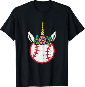 Unicorn Head Baseball Cute Sport Lovers Kids Girls Women T-Shirt - T-Shirt | Black