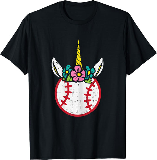Unicorn Head Baseball Cute Sport Lovers Kids Girls Women T-Shirt - T-Shirt | Black